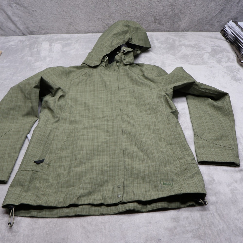 REI Elements Jacket Women Small Green Plaid Madrona Hooded Waterproof Full Zip